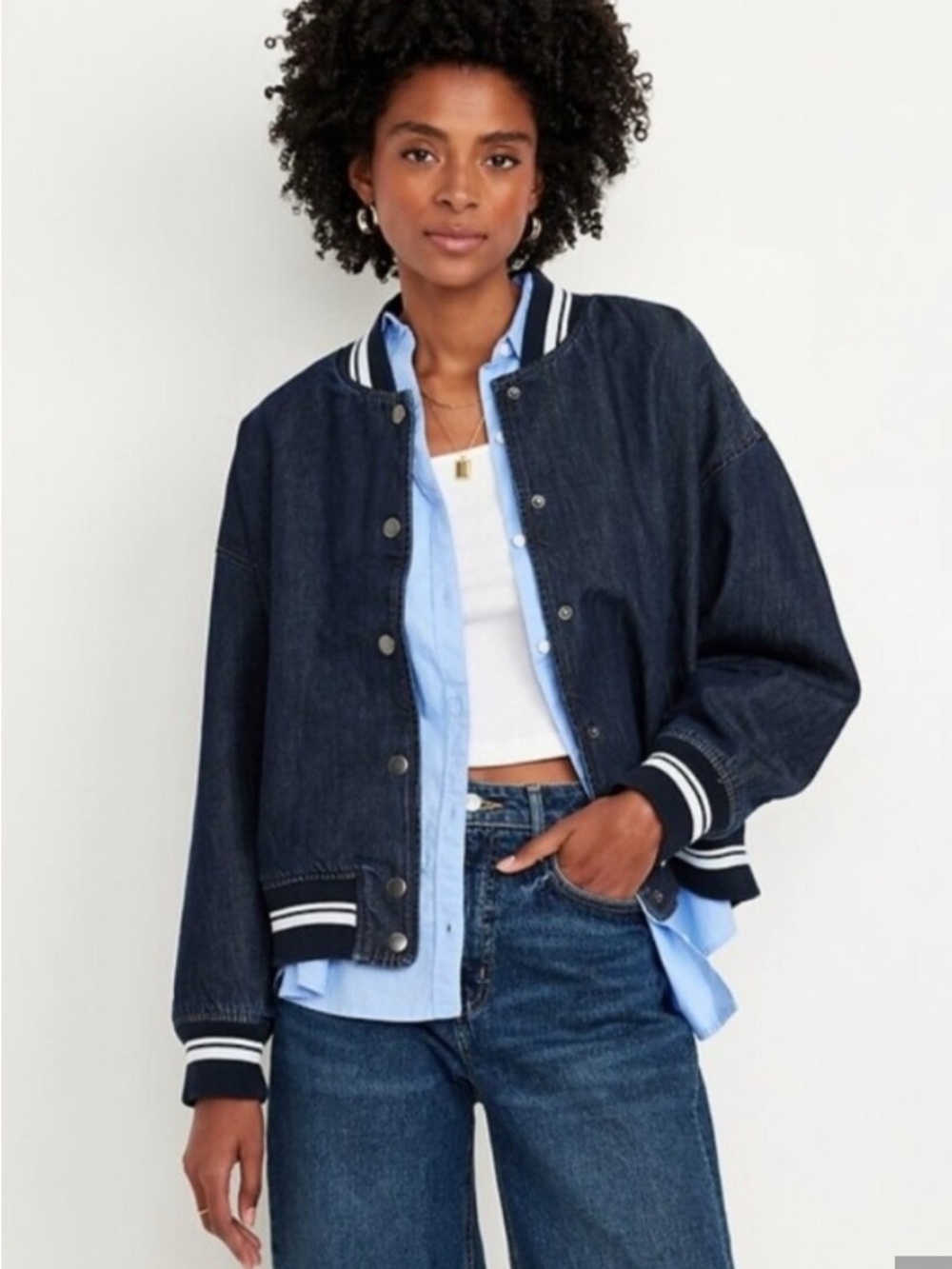 Old Navy Dark Blue Denim Bomber Jacket Size XLCasual Coat Fall Streetwear